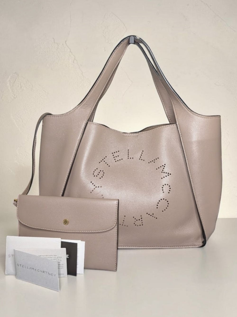 Stella McCartney Perforated Logo Taupe Shoulder Bag